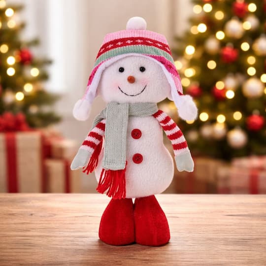 Melrose 10.25" Plush Snowman Figurines with Knit Hat & Scarf Set